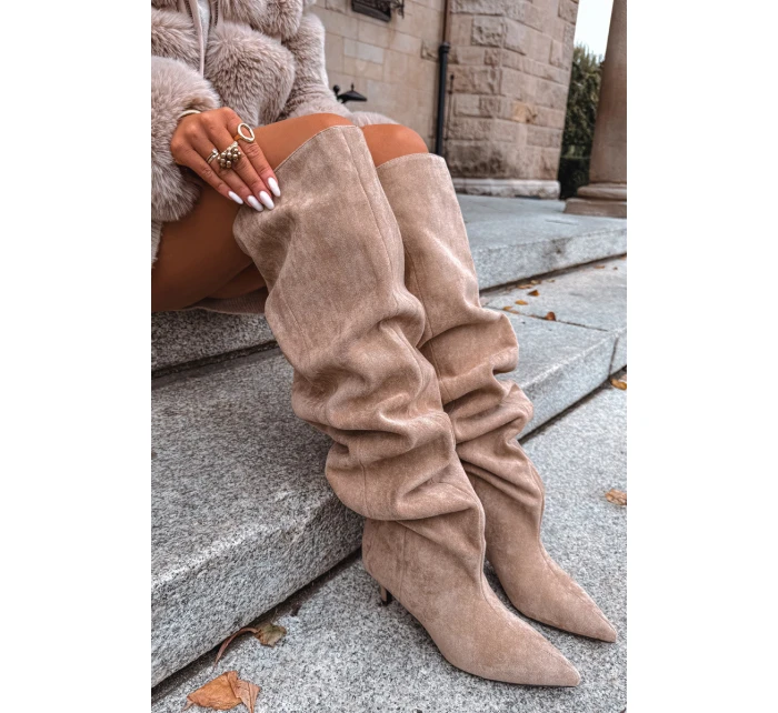 dámské kozačky na podpatku béžové model 21713439 - Boto