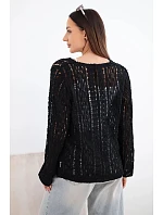 Dámský bavlněný ažurový svetr zapínaný na knoflíky s výstřihem do V černý