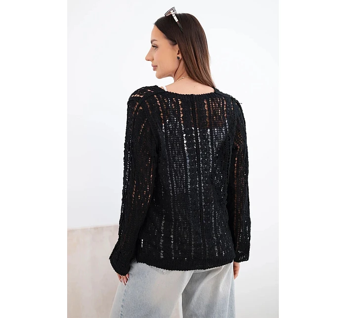 Dámský bavlněný ažurový svetr zapínaný na knoflíky s výstřihem do V černý