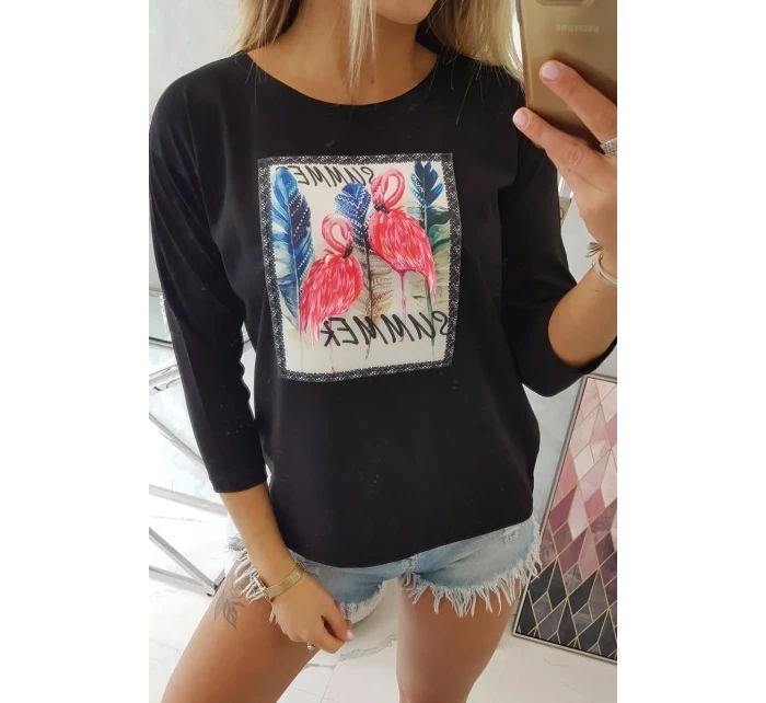 Halenka s 3D grafikou plameňáka černá Halenka s 3D grafikou plameňáka černá