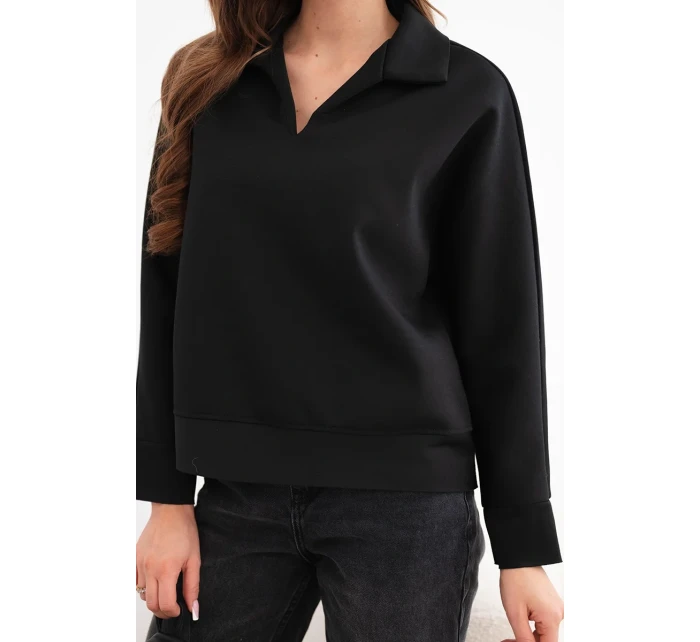 Dámská máslová mikina z viskózy s límečkem a výstřihem do V černá