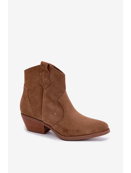 Dámské kožené kotníkové boty na podpatku Big Star model 22349472 Camel - Big Star Shoes