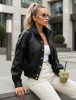 Dámská bunda z ekokůže s žebrovaným lemem a límcem černá FashionStreet TY5646