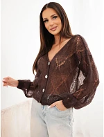 Dámský svetr zapínaný na knoflíky z 80 % model 22358347 prolamovaný hnědý - K-Fashion Dámský svetr zapínaný na knoflíky z 80 % model 22358347 prolamovaný hnědý - K-Fashion