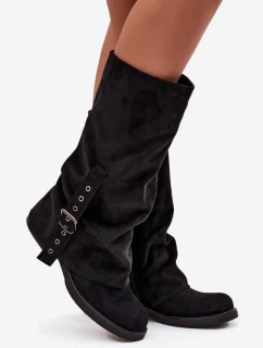 Dámské kozačky s řaseným svrškem a přezkou Ophelis – černé