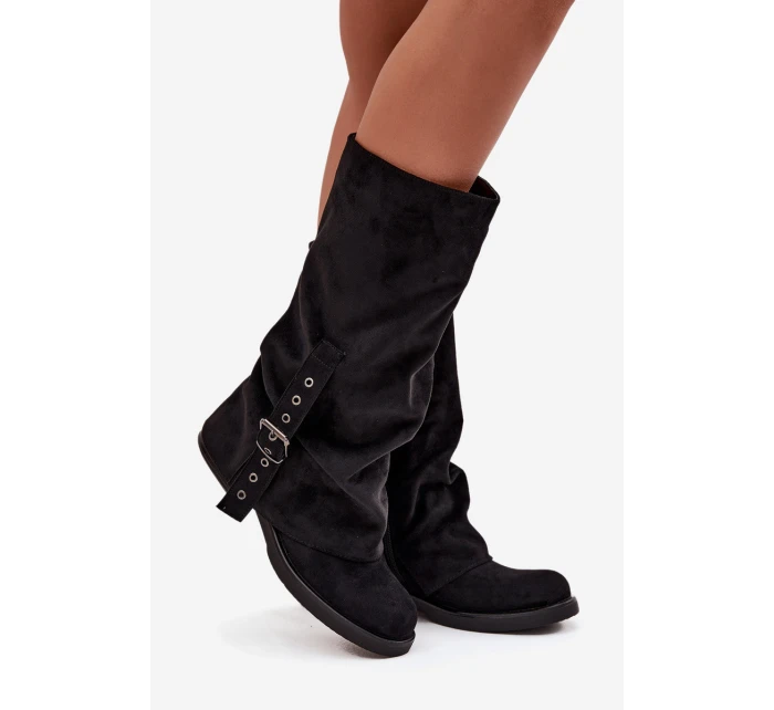 Dámské kozačky s řaseným svrškem a přezkou Ophelis – černé