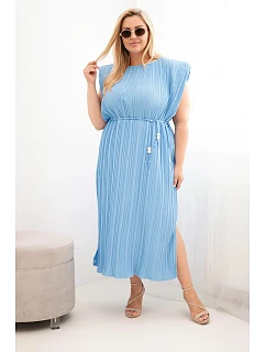 Dámské šaty Plus Size viskózové plisované s vázáním modrá