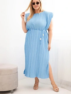 Dámské šaty Plus Size viskózové plisované s vázáním modrá