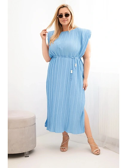 Dámské šaty Plus Size viskózové plisované s vázáním modrá