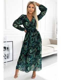 Dlouhé dámské plisované šifonové šaty s výstřihem, dlouhými rukávy, páskem a se vzorem zelených listů 511-1