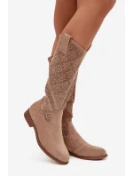 Dámské prolamované kozačky na plochém podpatku S.Barski – béžové