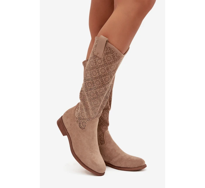 Dámské prolamované kozačky na plochém podpatku S.Barski – béžové