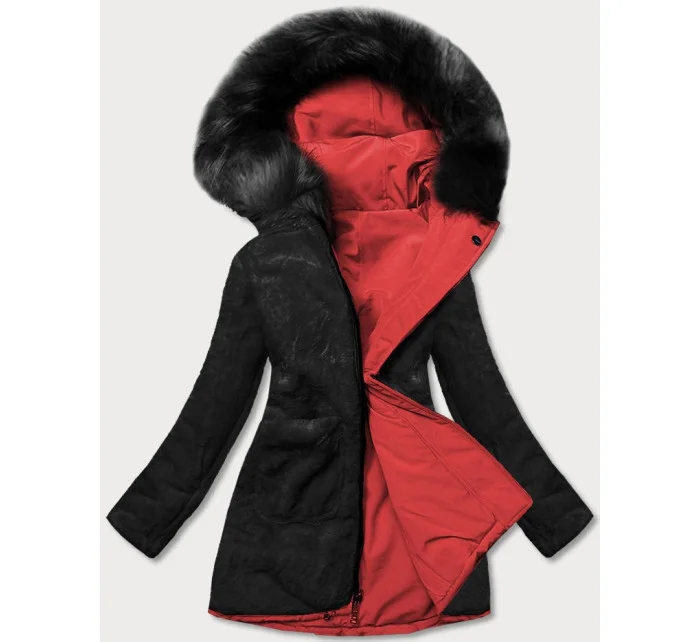 Červeno/černá teplá oboustranná dámská zimní bunda (w610)