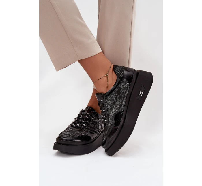 Dámské kožené šněrovací polobotky na platformě Artiker – černo/stříbrné