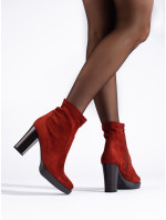 Módní dámské červené  kotníčkové boty na širokém podpatku