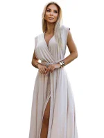 Elegantní béžové dlouhé dámské šaty s brokátem a s model 20110813 - numoco