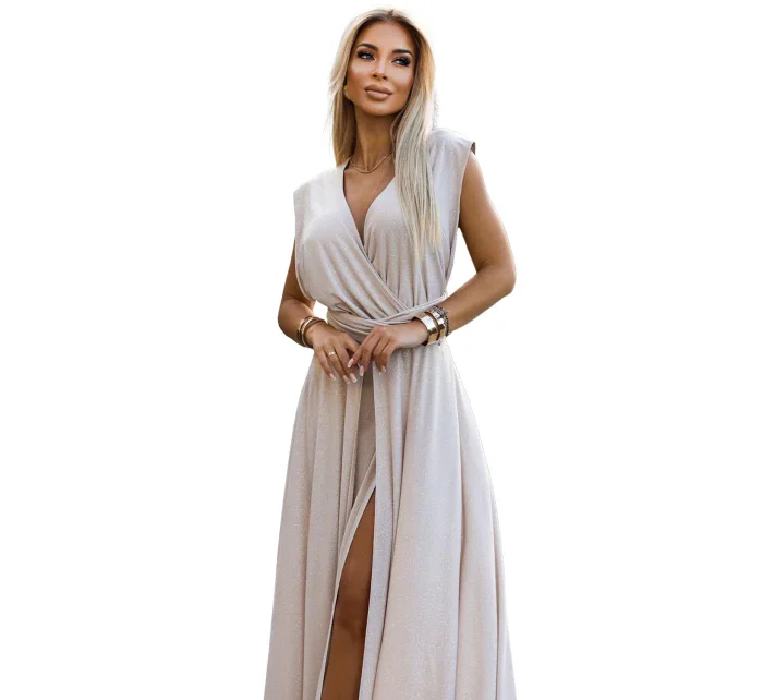 Elegantní béžové dlouhé dámské šaty s brokátem a s model 20110813 - numoco