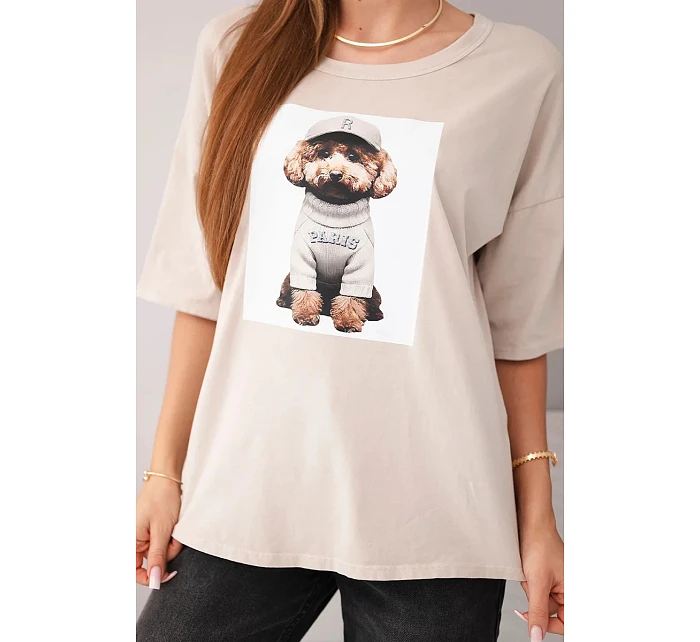Dámská bavlněná oversize halenka s krátkým rukávem a model 22079387 potiskem béžová - K-Fashion Dámská bavlněná oversize halenka s krátkým rukávem a model 22079387 potiskem béžová - K-Fashion