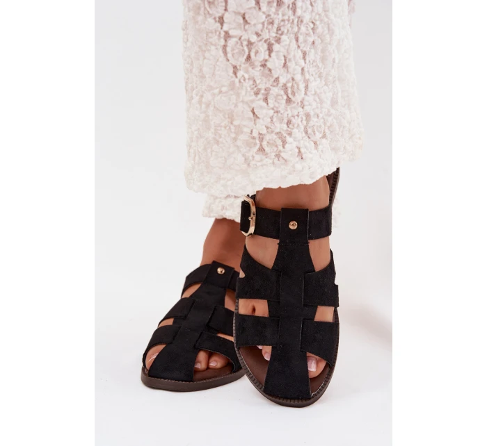 Dámské ploché nazouváky s pásky a zlatým přezkou Černé model 22032112 - Boto