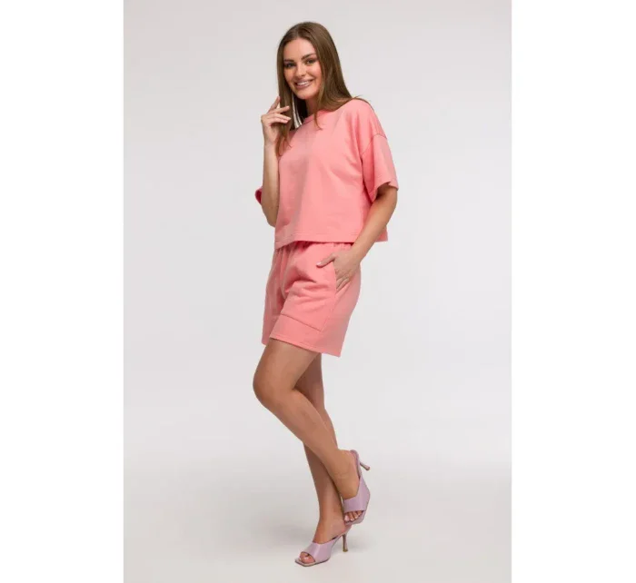 B294 Oříznutá mikina s krátkým rukávem - korálová B294 Oříznutá mikina s krátkým rukávem - korálová