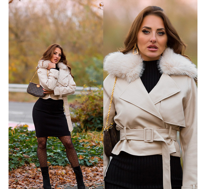 Sexy faux leather winter jacket with belt