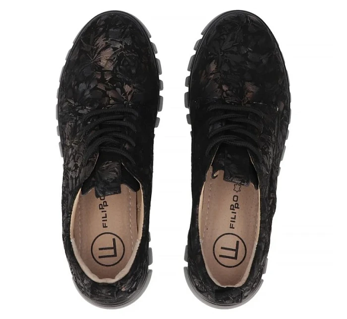 Kožené boty na platformě v květinové černé barvě DP6846 Filippo