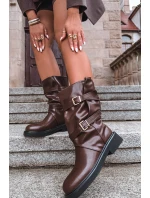 Vlněné dámské kozačky do poloviny lýtka s pásky a přezkami hnědé Halvessa