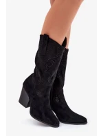 Dámské perforované kozačky ve stylu kovbojek na sloupkovém podpatku S.Barski – černé, eko kůže Dámské perforované kozačky ve stylu kovbojek na sloupkovém podpatku S.Barski – černé, eko kůže