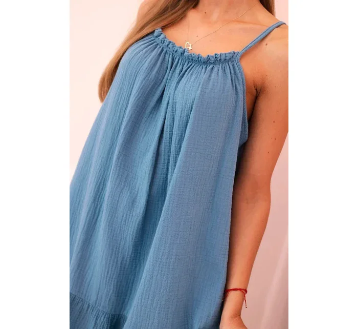 Dámské mušelínové šaty s ramínky a volánem džínovina
