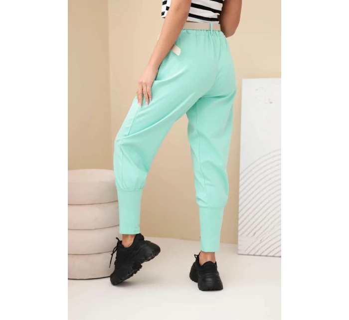 Dámské bavlněné kalhoty s vysokým pasem a páskem mátové