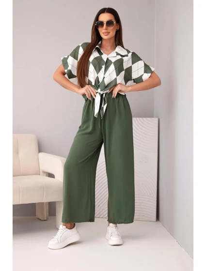 Komplet dámský viskózový košile s vázáním a kalhoty s gumou khaki