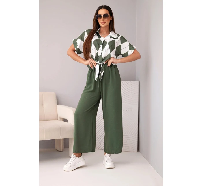 Komplet dámský viskózový košile s vázáním a kalhoty s gumou khaki