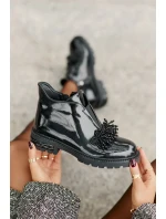 Kožené Lakované Kotníkové Boty s Ozdobou Zateplené D&A Černé Kožené Lakované Kotníkové Boty s Ozdobou Zateplené D&A Černé