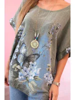 Dámská bavlněná košile s motýly a květinami khaki Dámská bavlněná košile s motýly a květinami khaki