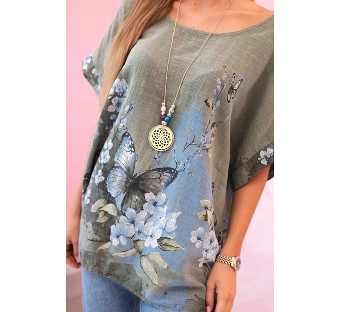Dámská bavlněná košile s motýly a květinami khaki Dámská bavlněná košile s motýly a květinami khaki
