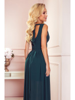 JUSTINE - Dlouhé dámské šaty v lahvově zelené barvě s výstřihem a zavazováním 362-2