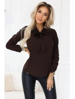 140-29 Služební halenka s dlouhým rukávem a zavazováním vpředu - čokoládová