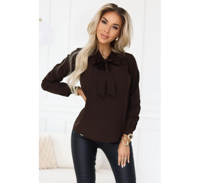 140-29 Služební halenka s dlouhým rukávem a zavazováním vpředu - čokoládová