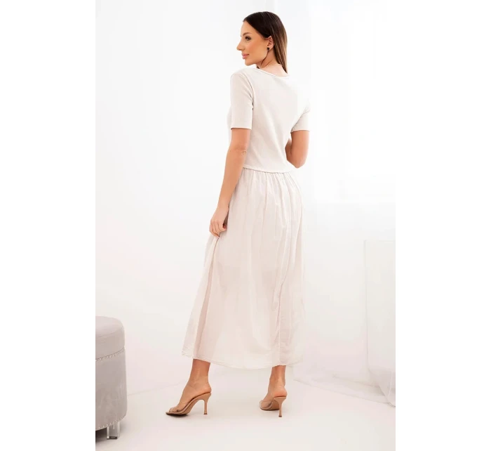 Dámské bavlněné midi šaty s krátkým rukávem a rozšířeným spodkem béžová