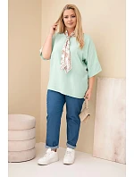 Dámská viskózová halenka Plus Size s krátkým rukávem a ozdobným šátkem tmavě mentolová