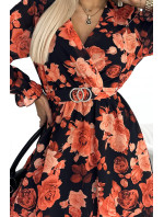 ROSETTA - Velmi žensky působící dámské šaty se vzorem oranžových růží, s přeloženým obálkovým výstřihem a opaskem 413-1