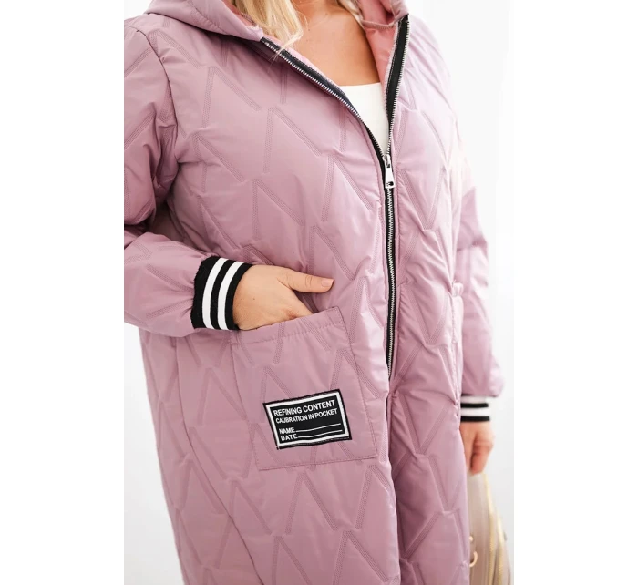 Dámská bunda Plus Size prošívaná s kapucí a model 21486145 manžetami tmavě růžová - K-Fashion