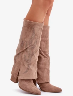 Zdobené Kozačky S Ohnutým Svrškem Na Podpatku Tmavě Béžové Ivilta