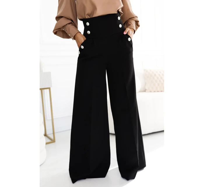 Elegantní černé dámské široké kalhoty s s vysokým střihem a a se zlatými knoflíky model 20722312 - numoco
