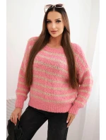 Svetr dámský pruhovaný s vlnou volného střihu růžový Svetr dámský pruhovaný s vlnou volného střihu růžový