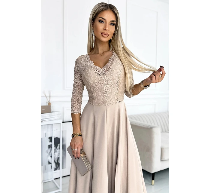 Dámské krajkové šaty model 22084615 AMBER béžové - numoco Dámské krajkové šaty model 22084615 AMBER béžové - numoco