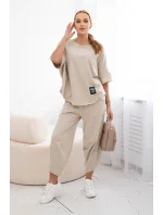 Bavlněný komplet halenka + kalhoty béžový Bavlněný komplet halenka + kalhoty béžový