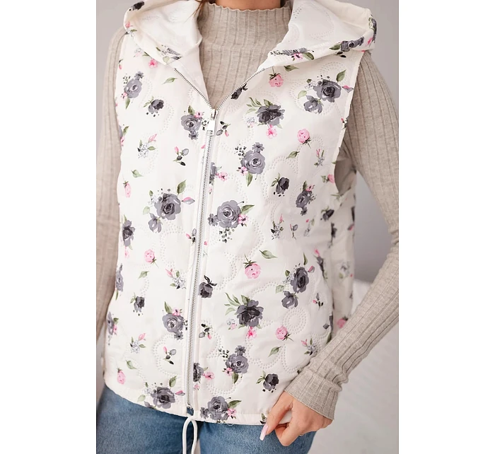 Dámská prošívaná vesta s květinami s kapucí grafitová