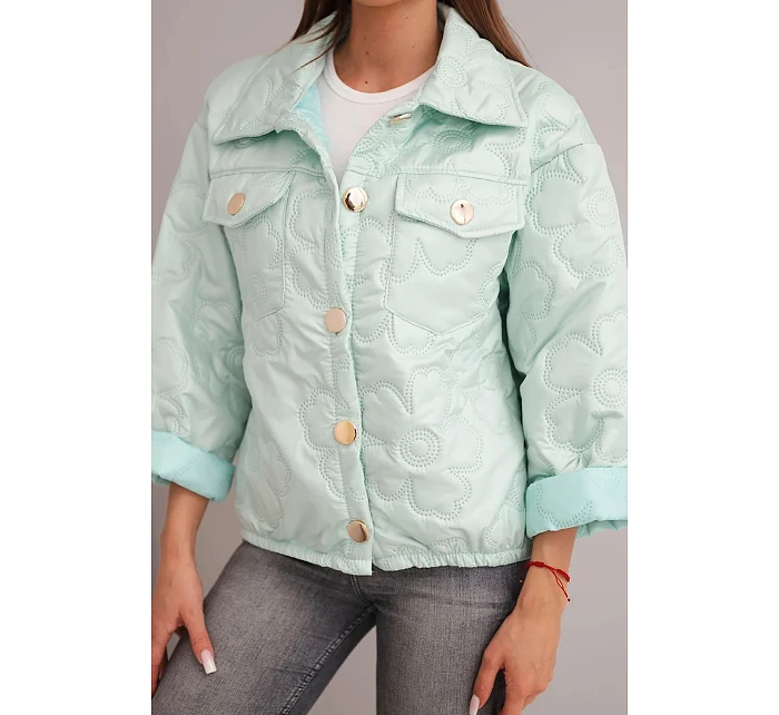 Dámská jarní prošívaná bunda s květinovým vzorem světle mátová