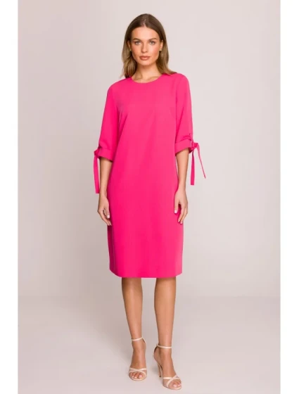 Šaty áčkového střihu s rukávy růžové model 20966080 - STYLOVE Šaty áčkového střihu s rukávy růžové model 20966080 - STYLOVE